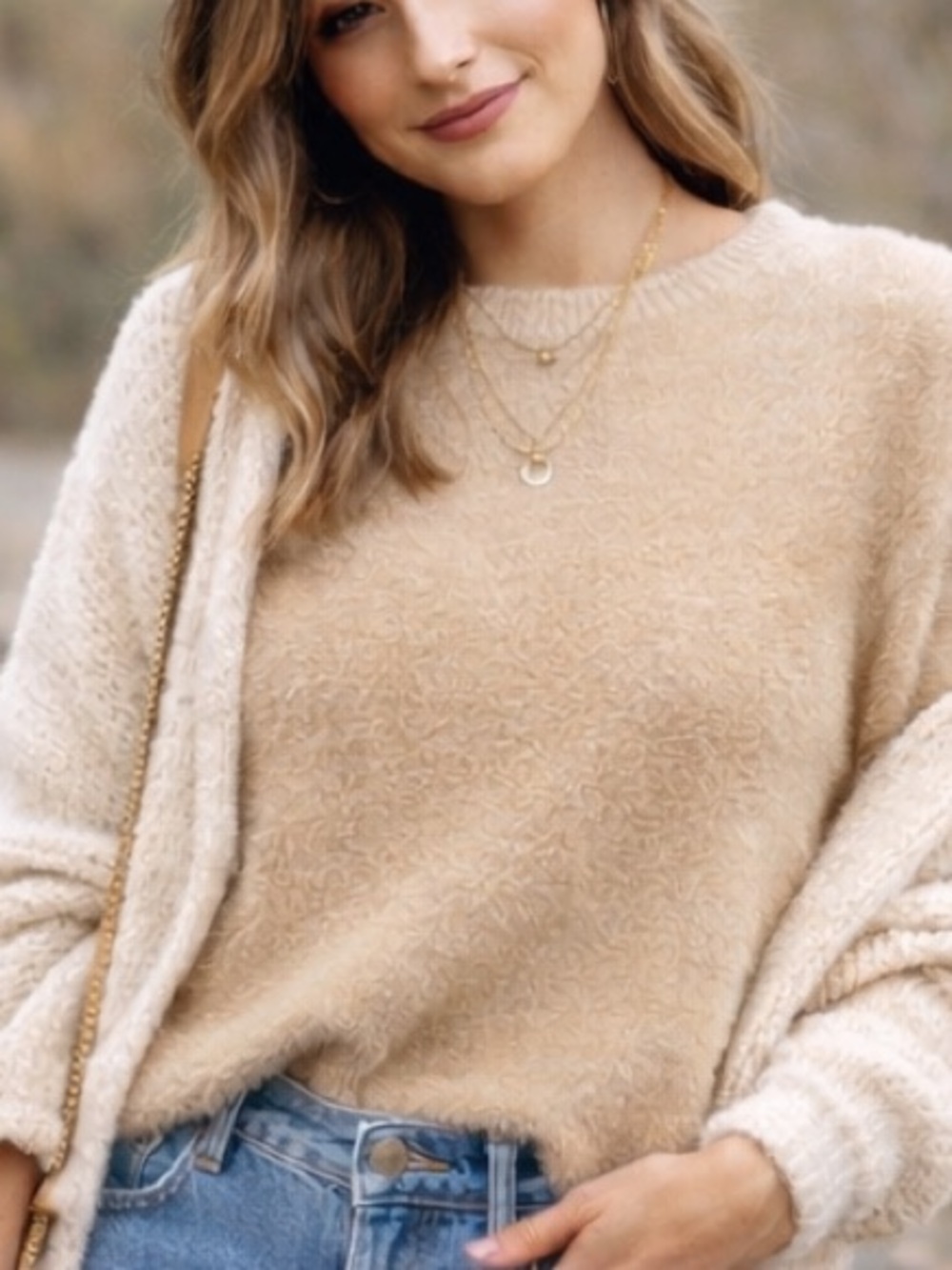 Cozy Tan Fuzzy Sweater Soft Knit Fitted Boho Pullover